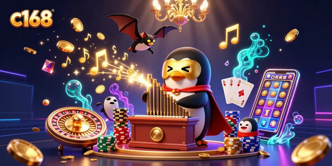 Engage with c168’s thrilling atmosphere as a penguin plays an organ shooting golden coins!