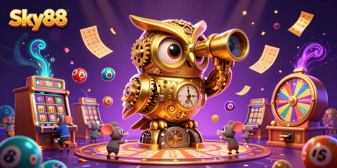 Sky88 features a golden owl overseeing dynamic gaming excitement amidst colorful elements and players.