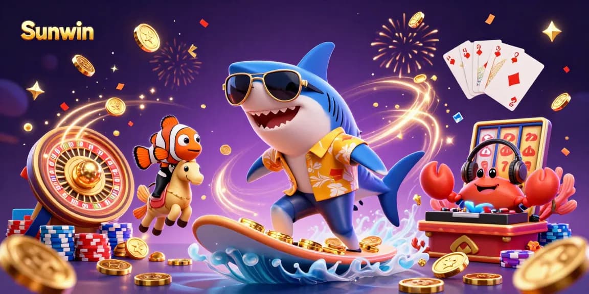 Join the fun with Sunwin as a hammerhead shark surfs gold coins among dazzling casino elements!