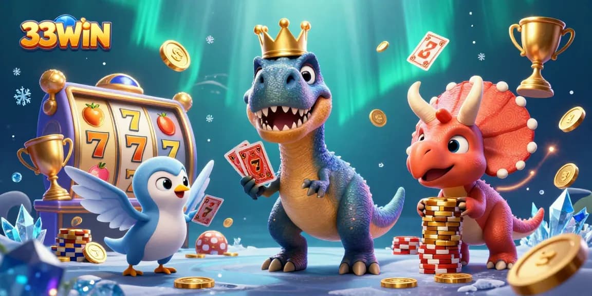Experience the thrill at 33WIN with a vibrant 3D casino scene featuring playful dinosaurs.