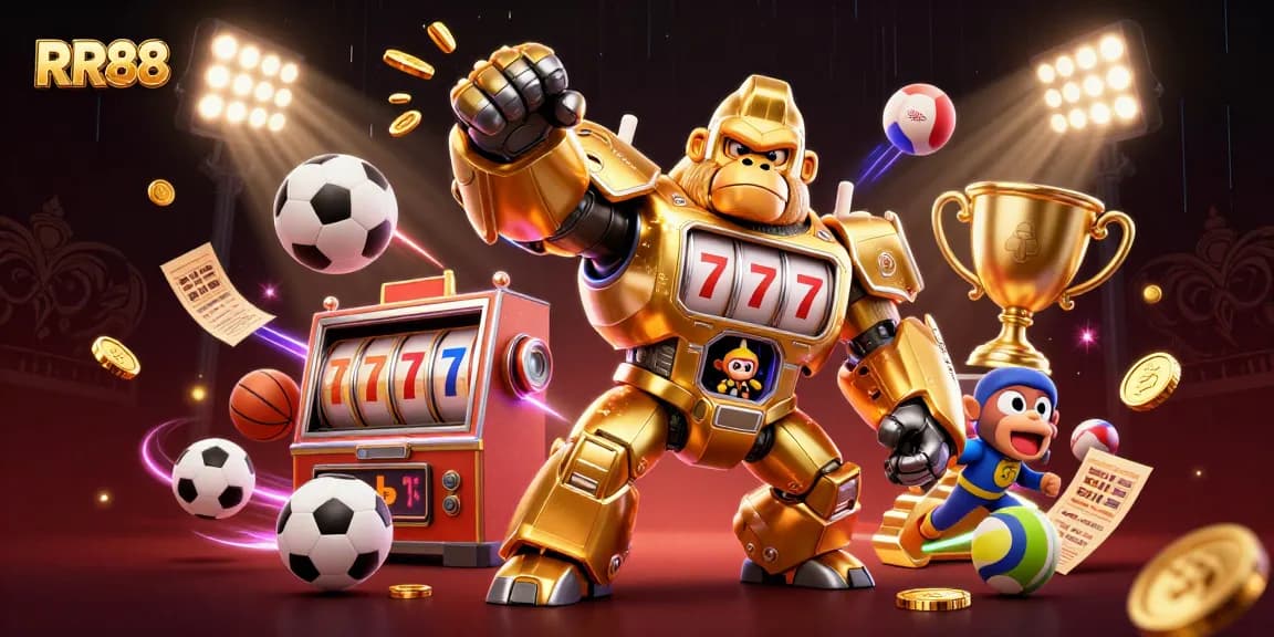 RR88 showcases a thrilling golden gorilla mech in a dynamic casino scene with spinning reels and sports elements.
