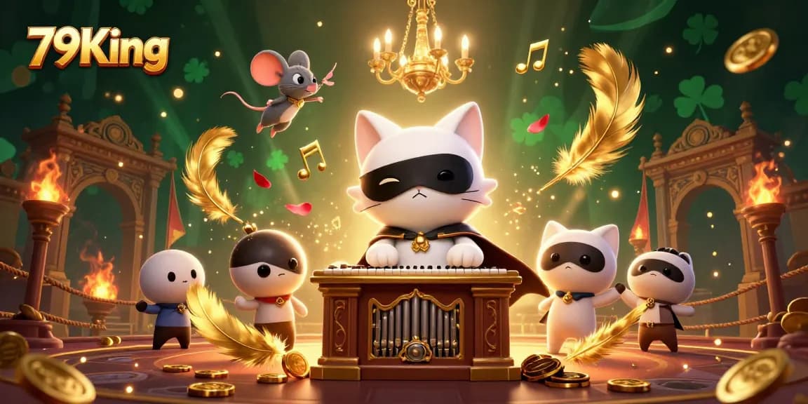 Engage in thrilling gameplay with 79King, featuring a dynamic casino scene of a masked cat and mouse acrobat.