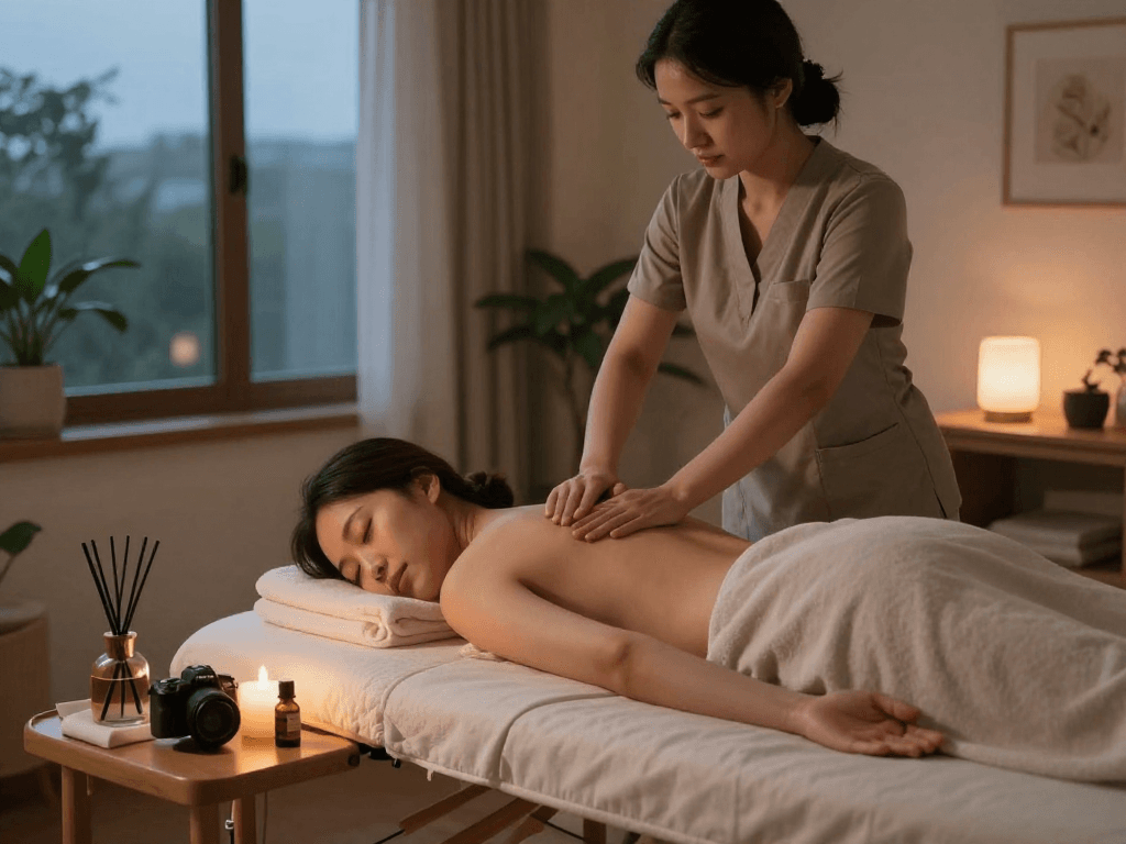 출장마사지 session showcasing a tranquil home massage environment, emphasizing relaxation and comfort.