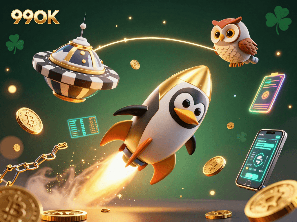 Witness the rocket-powered golden penguin navigate to the 99OK casino space station amidst vibrant crypto elements.
