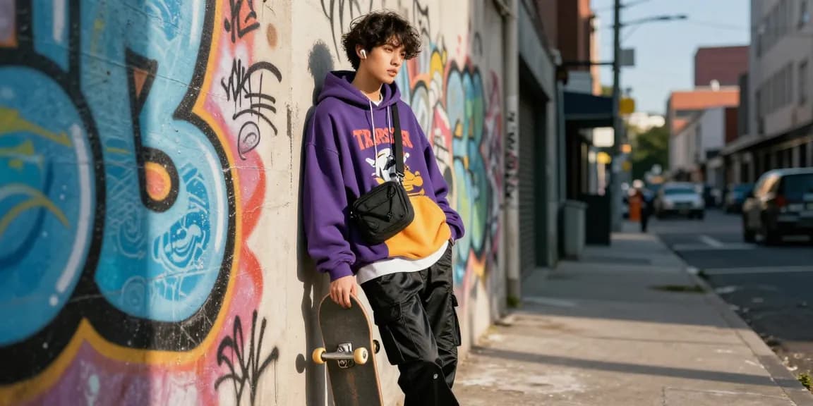 Appassionato di streetwear Trapstar in un contesto urbano che mostra un outfit alla moda con un vivace sfondo cittadino.