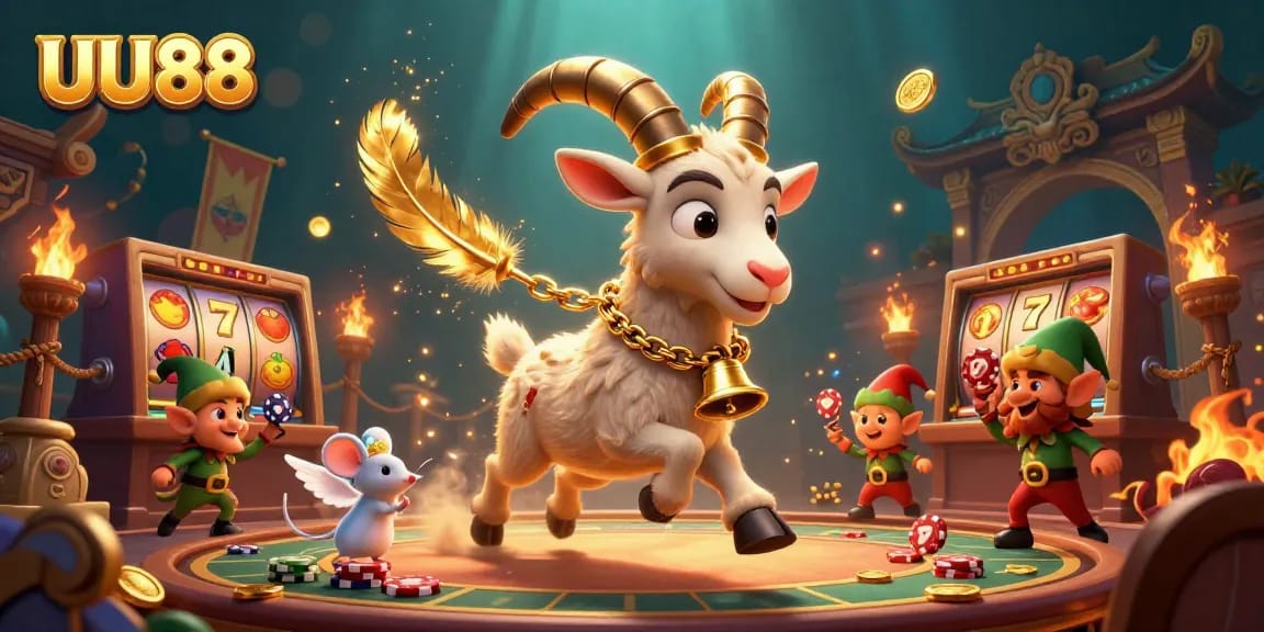 Join the festive chaos of UU88's holiday-horror casino with a Krampus goat, angel mouse, and mischievous elves!