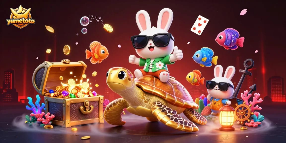 Experience the excitement of yumetoto with a colorful illustration of a lucky rabbit and a golden sea turtle amidst vibrant casino elements.