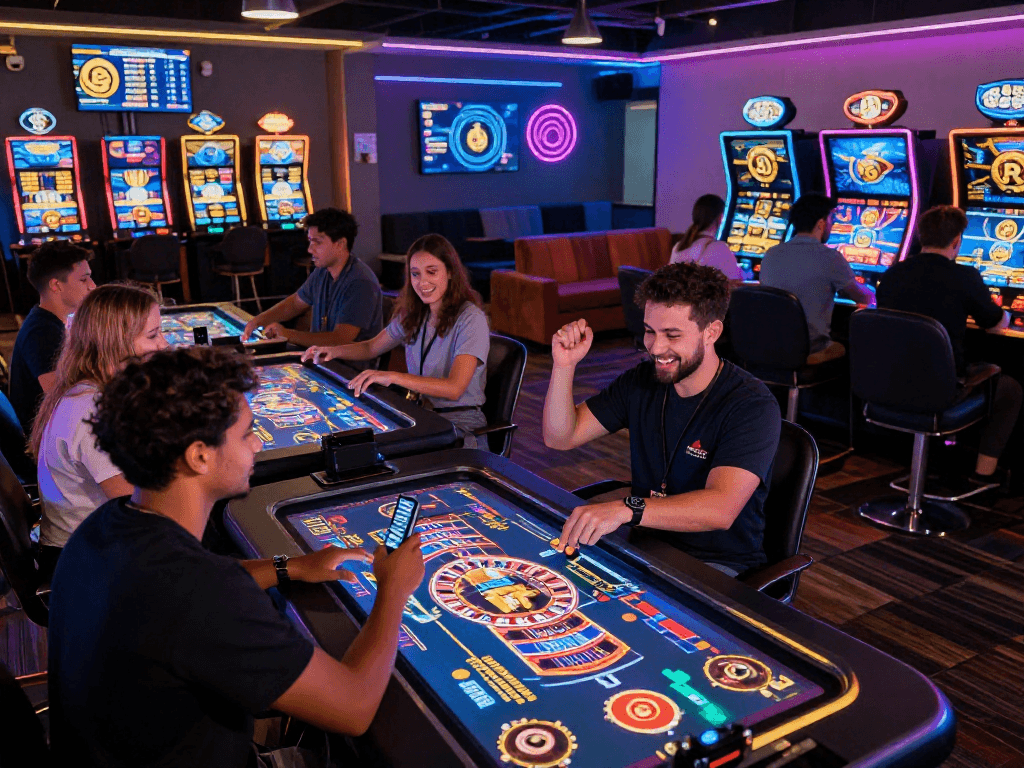 Exciting crypto casino scene with players enjoying gaming tables and digital interfaces.
