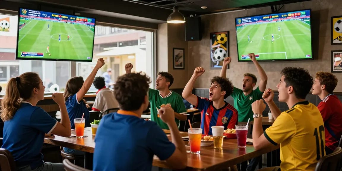 Exciting football game at https://bongdata.net/ with fans cheering in a lively sports bar.