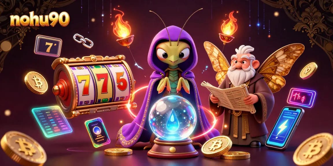 Experience nohu90 slots magic with a mystical fortune teller and vibrant game elements.
