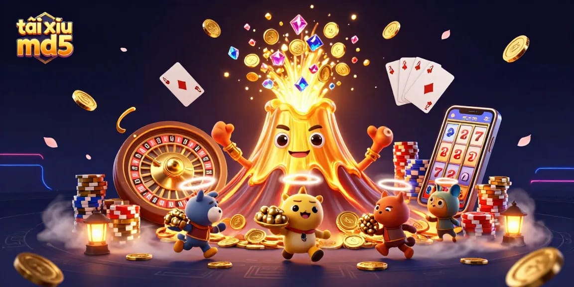 Tài xỉu md5 game scene filled with golden coins, vibrant characters, and dynamic casino elements.