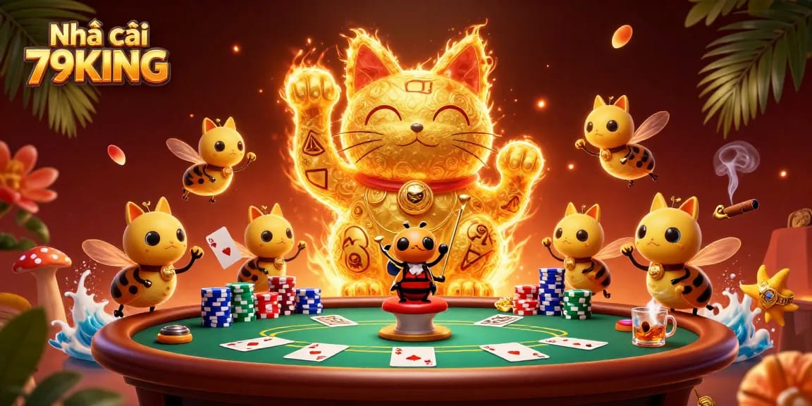 Engage with Nhà cái 79KING in a vibrant casino scene filled with action and dynamic symbols.