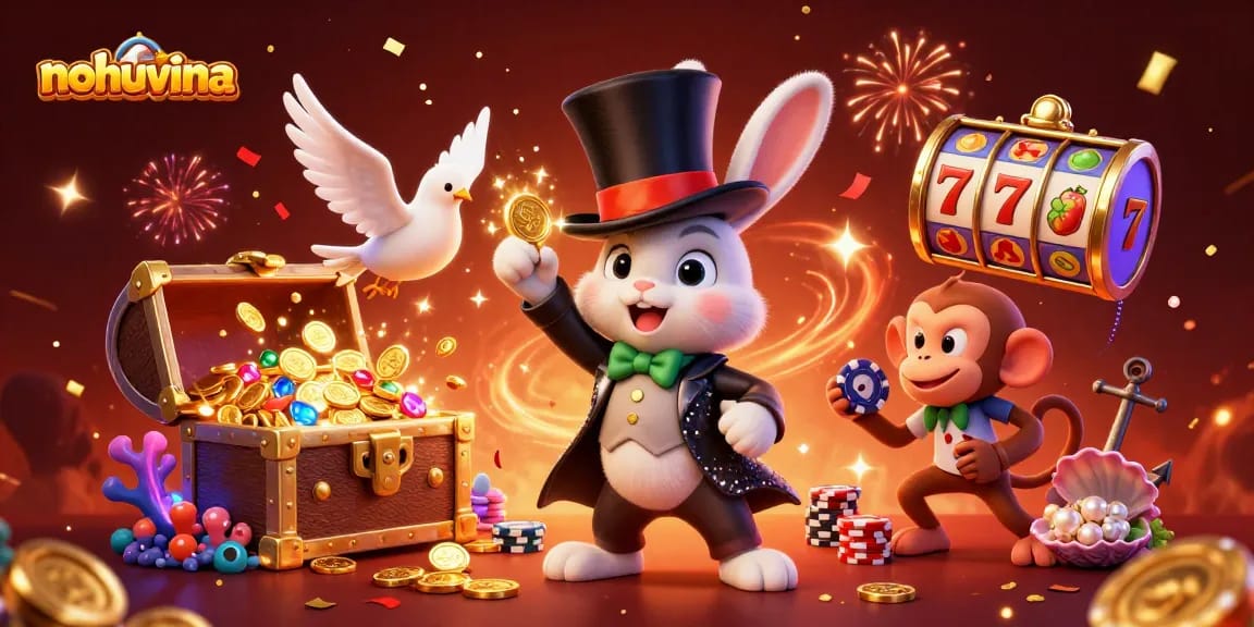 Nohuvina brings the excitement with a magical scene featuring a rabbit magician, a dove, and a monkey in a casino.