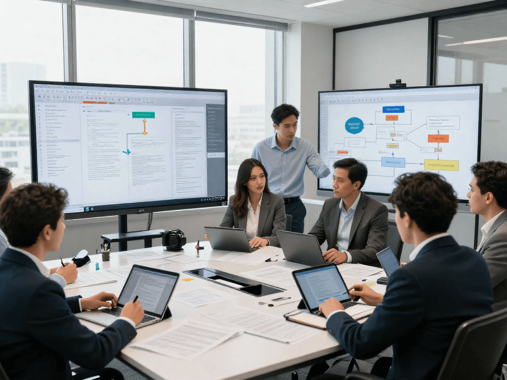 Team analyzing document fraud detection metrics in a modern office environment.