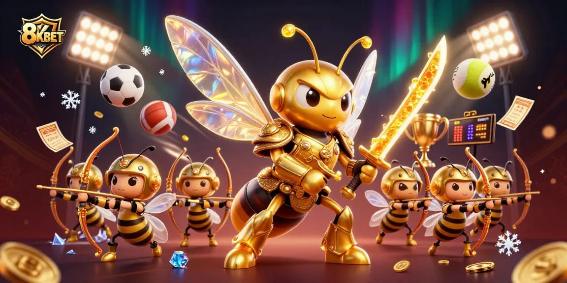 Engage with 8KBET’s vibrant gaming experience featuring a dynamic 3D golden hornet and sports elements.