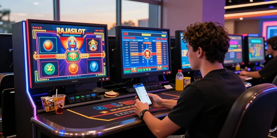 Rajaslot 20: Pemain terlibat dalam permainan kasino online modern dengan grafik cerah dan suasana yang menarik.