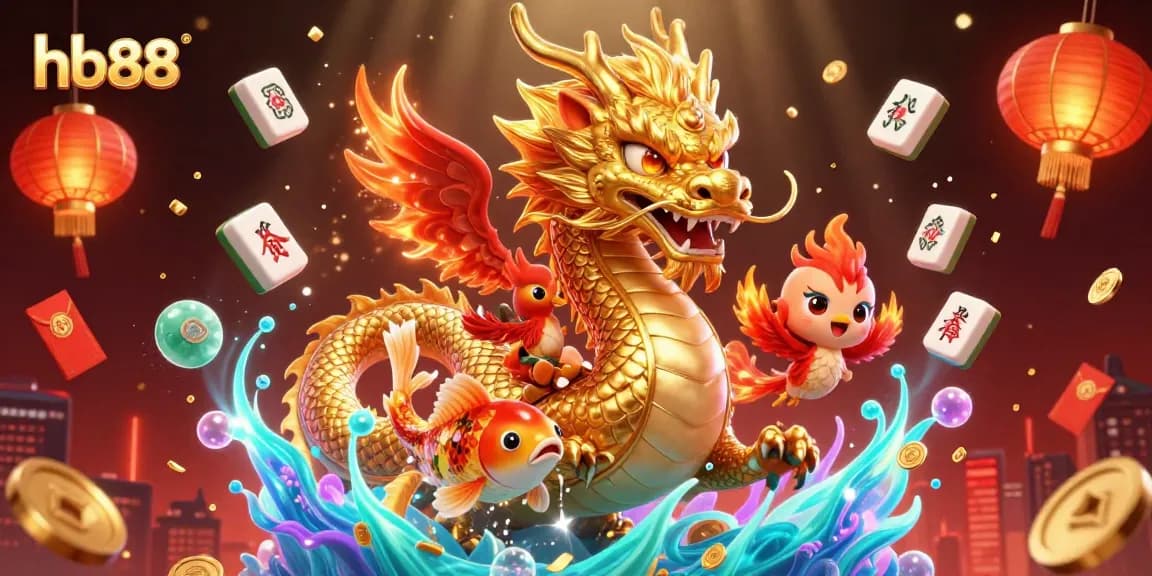 Win big at hb88 with an exciting illustration of a dragon, phoenix, and koi fish in a vibrant casino scene.