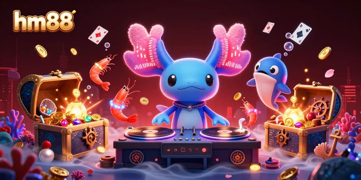 Experience the vibrant world of hm88 with an energetic neon underwater casino scene featuring a DJ axolotl.