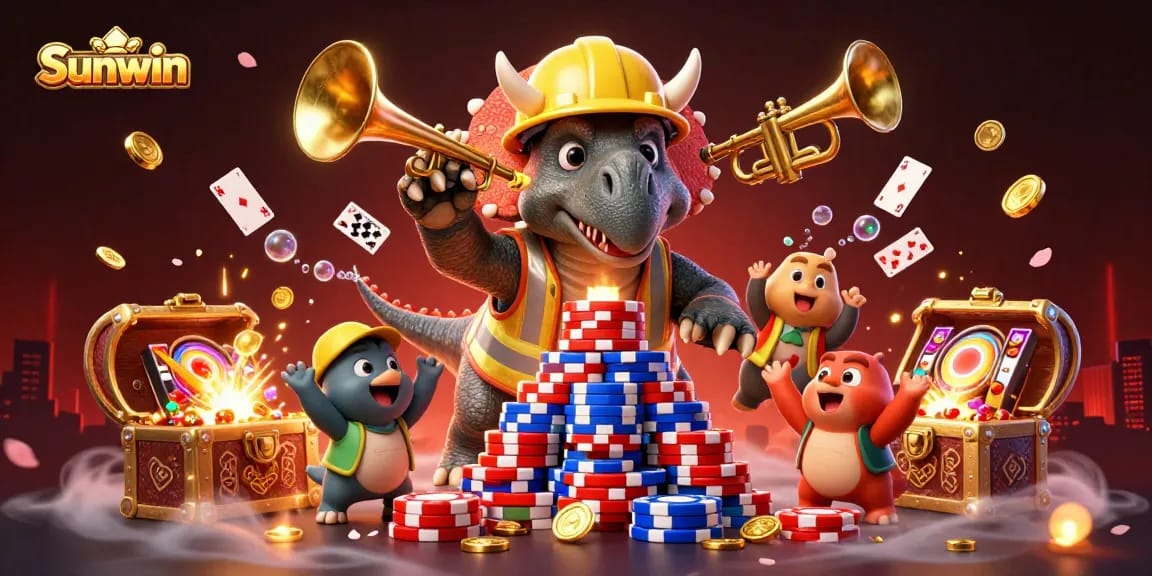 Sunwin players enjoy exhilarating games with vibrant casino elements like slot reels and poker chips.