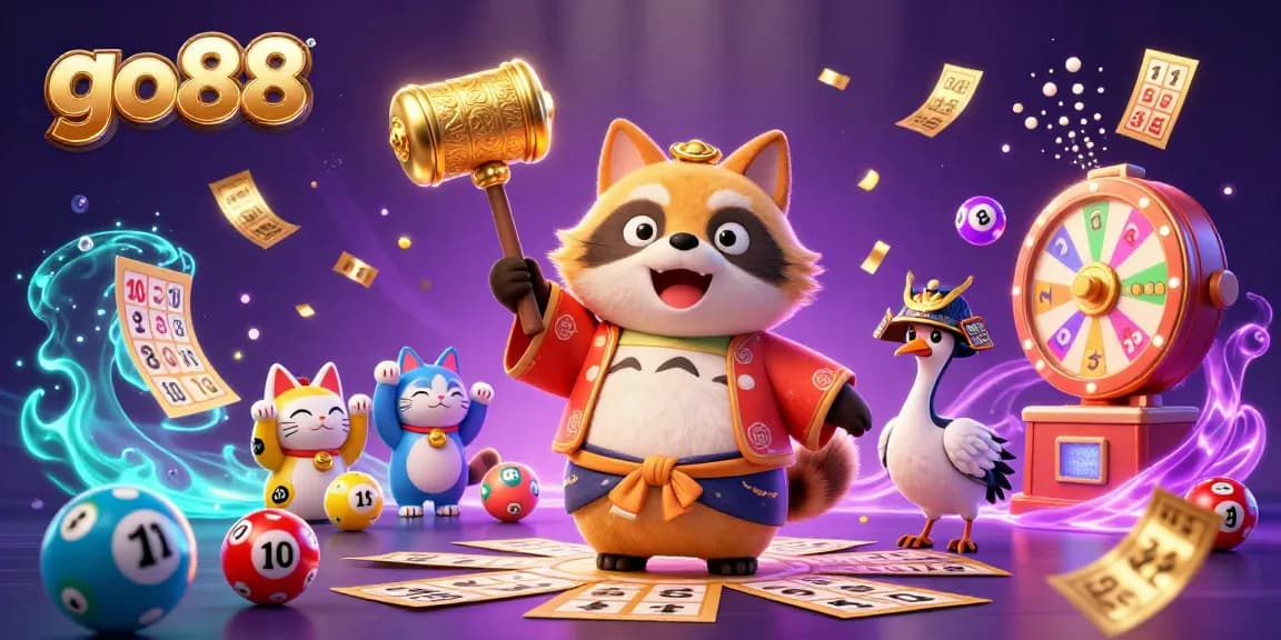 Engage with the vibrant world of go88, where cheerful characters celebrate with colorful lottery elements and dynamic gaming visuals.