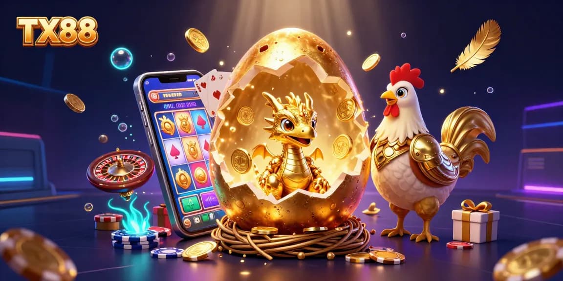 Engage in the excitement of TX88's online gaming with a dynamic dragon and golden poker chips.
