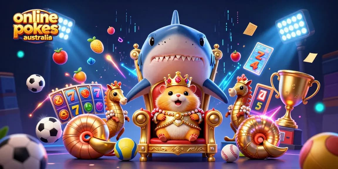 Experience online pokies australia with vibrant, dynamic 3D illustration of a golden hamster king and lucky symbols
