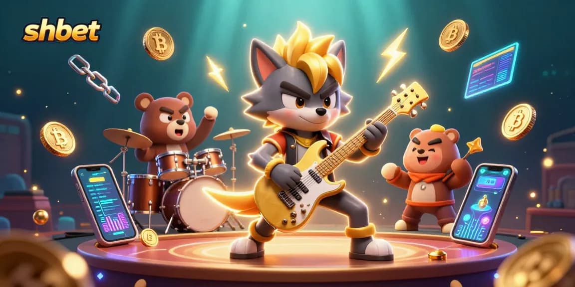 Experience the excitement of shbet with a cartoon rock star wolf shredding guitar on a vibrant casino stage.