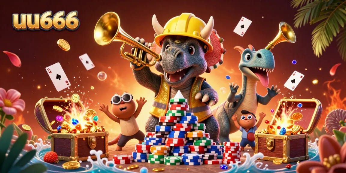 Experience exciting gameplay with uu666 as a triceratops builds a poker chip pyramid in a vibrant casino scene.