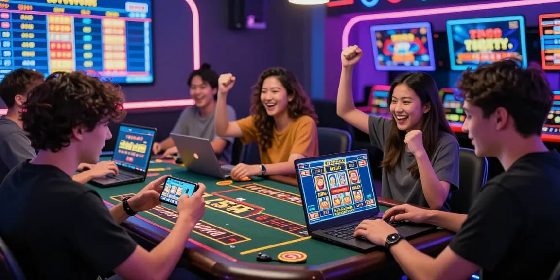 Sun win online gaming scene with diverse players enjoying casino games on mobile and laptops in a vibrant, lively atmosphere.