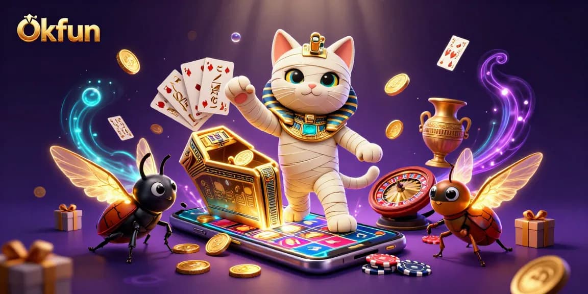 Reveal wins with Okfun's thrilling slots in a vibrant pyramid casino scene!