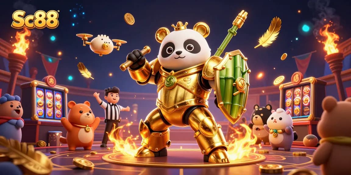 Experience thrilling gameplay with Sc88 in a vibrant 3D casino battle featuring a golden panda and excitement.