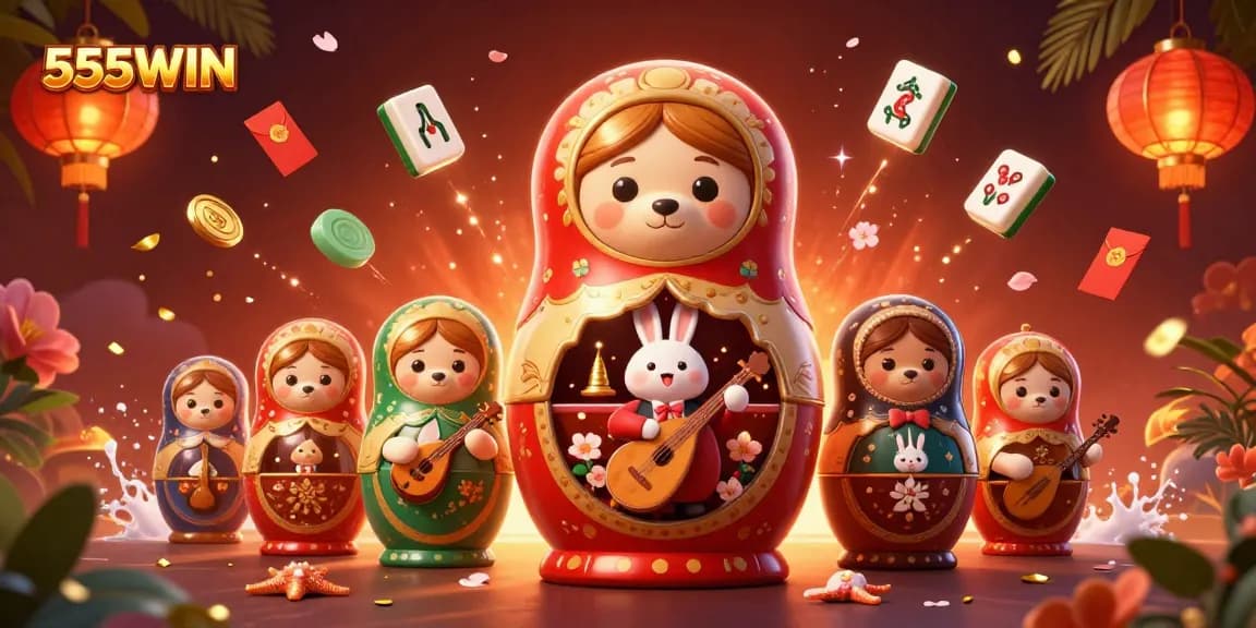 Experience the excitement of 555WIN with colorful characters and vibrant casino elements in this dynamic illustration.