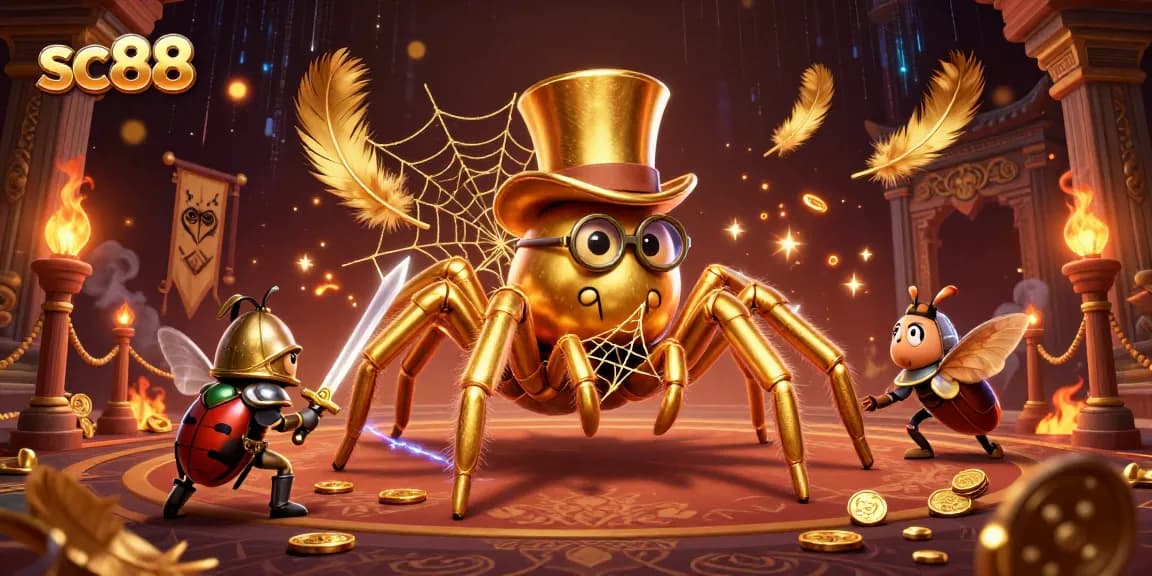 Experience thrilling gameplay at sc88 with a giant tarantula and beetle knight in a vibrant casino scene.