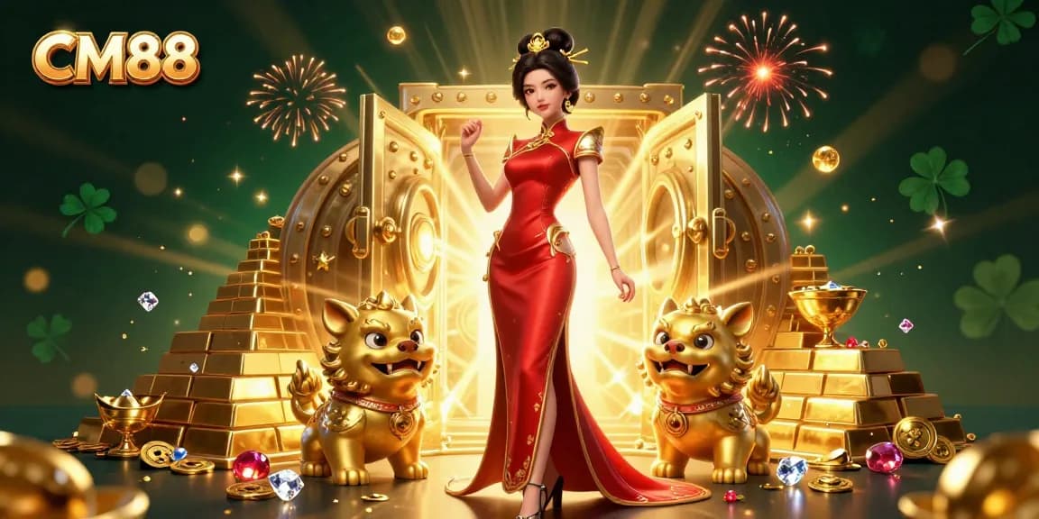 Experience CM88's thrilling atmosphere with a glamorous Asian woman amid gold treasures and festive fireworks