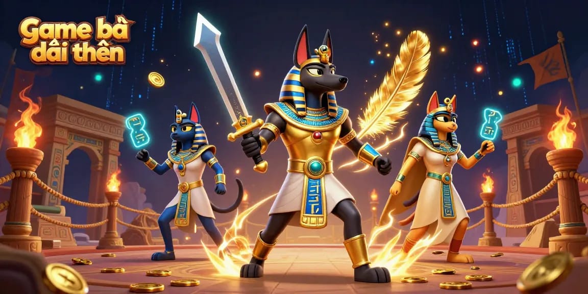 Play exciting game bài đổi thưởng with Anubis and Bastet in a captivating 3D scene.