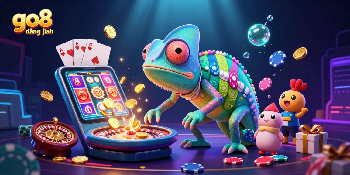 Engage with go8 đăng nhập in a vibrant 3D casino illustration featuring a chameleon casino owner and dynamic gaming elements.