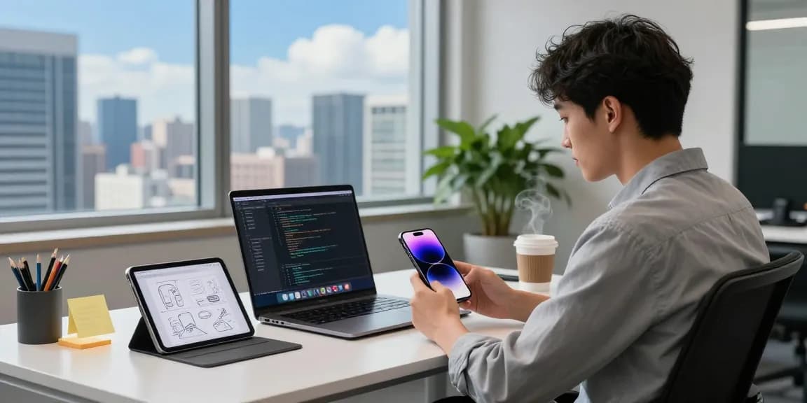 Young professional using an iPhone 17 in a tech workspace with laptop and design tablet.