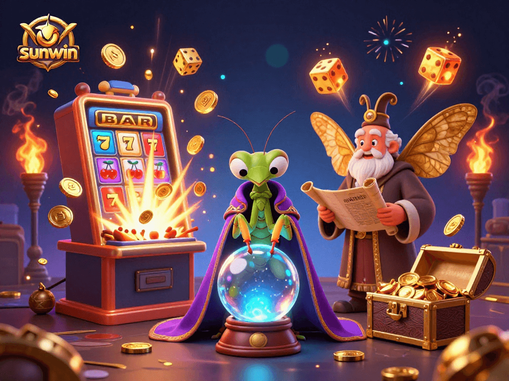 Experience thrilling wins at Sunwin with a vibrant 3D casino setup featuring characters, games, and jackpot explosions.