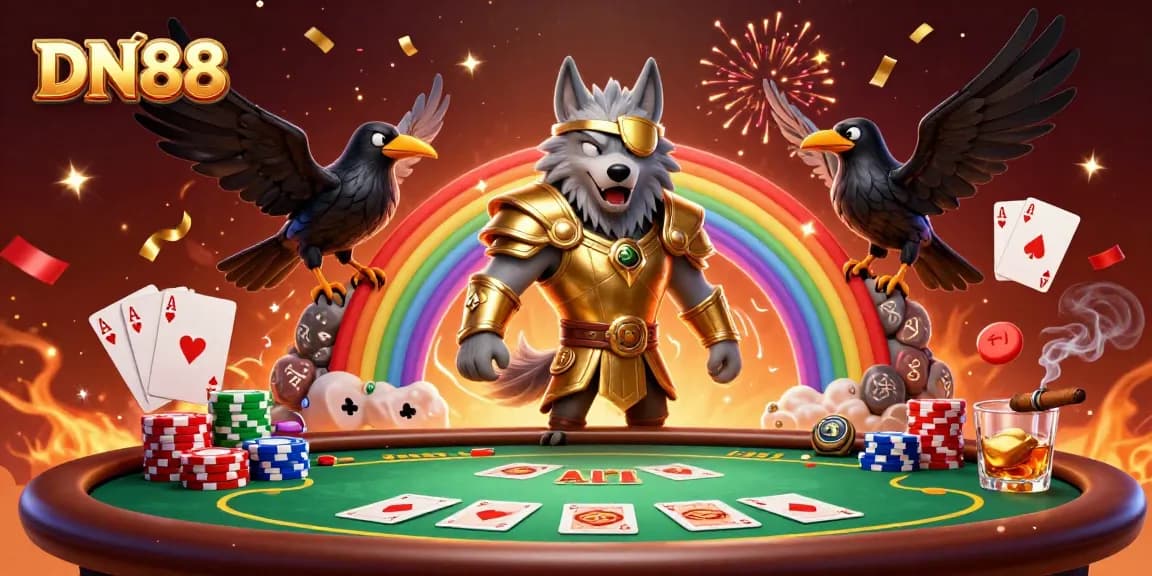 Engage with DN88's exciting world through a colorful casino-themed digital illustration.