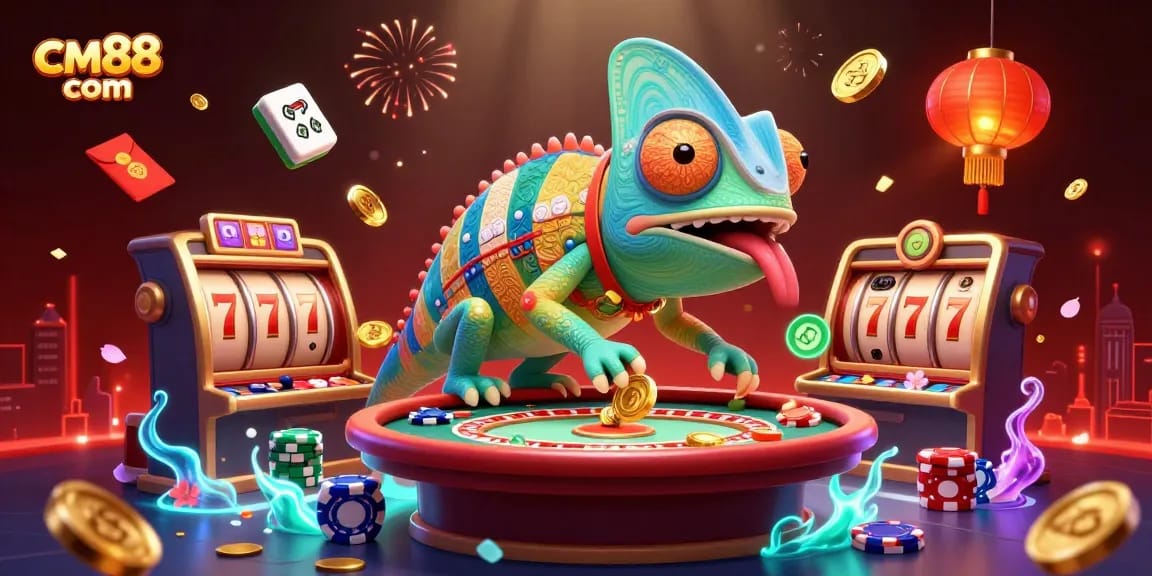Engage in thrilling gaming at cm88 com, where a vibrant chameleon owner captures golden coins and spins slots.