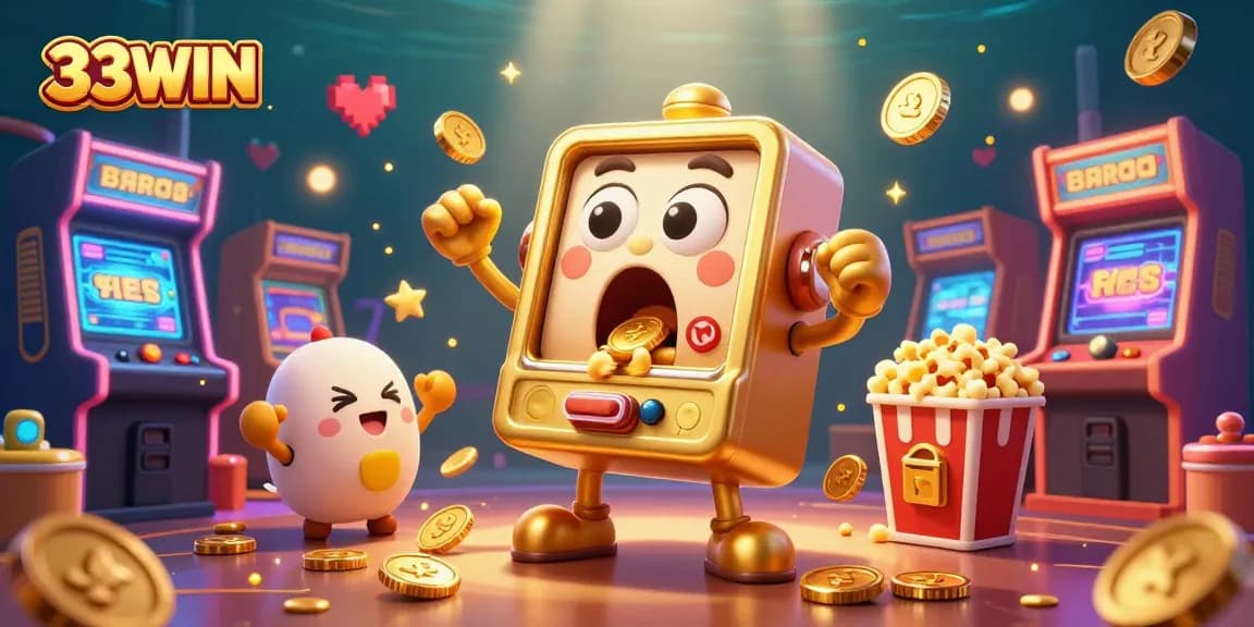 Experience the excitement of 33WIN with a colorful 3D slot machine scene showcasing jackpots, coins, and cheerful machine friends.