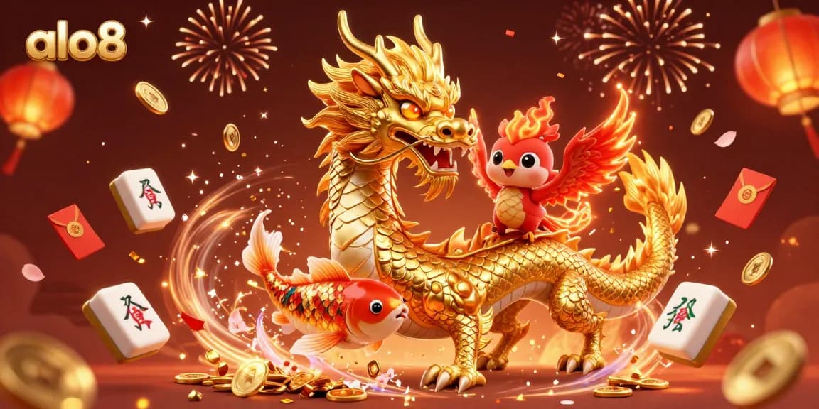 Engage with the excitement of alo8 as the golden dragon and phoenix celebrate winning moments in this vibrant casino scene.