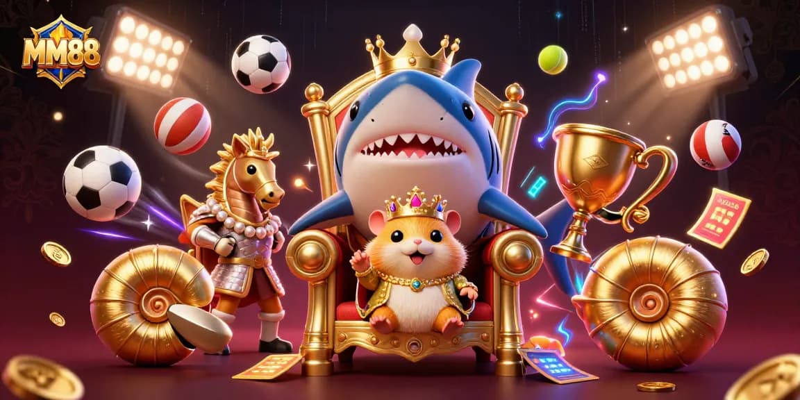 Experience the thrill of MM88 with a vibrant 3D illustration featuring unique gaming elements and characters.