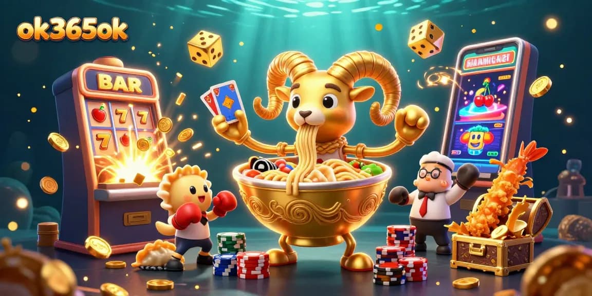 Engaging ok365ok casino scene with cartoon ramen bowl dealer and dynamic slot machine action.