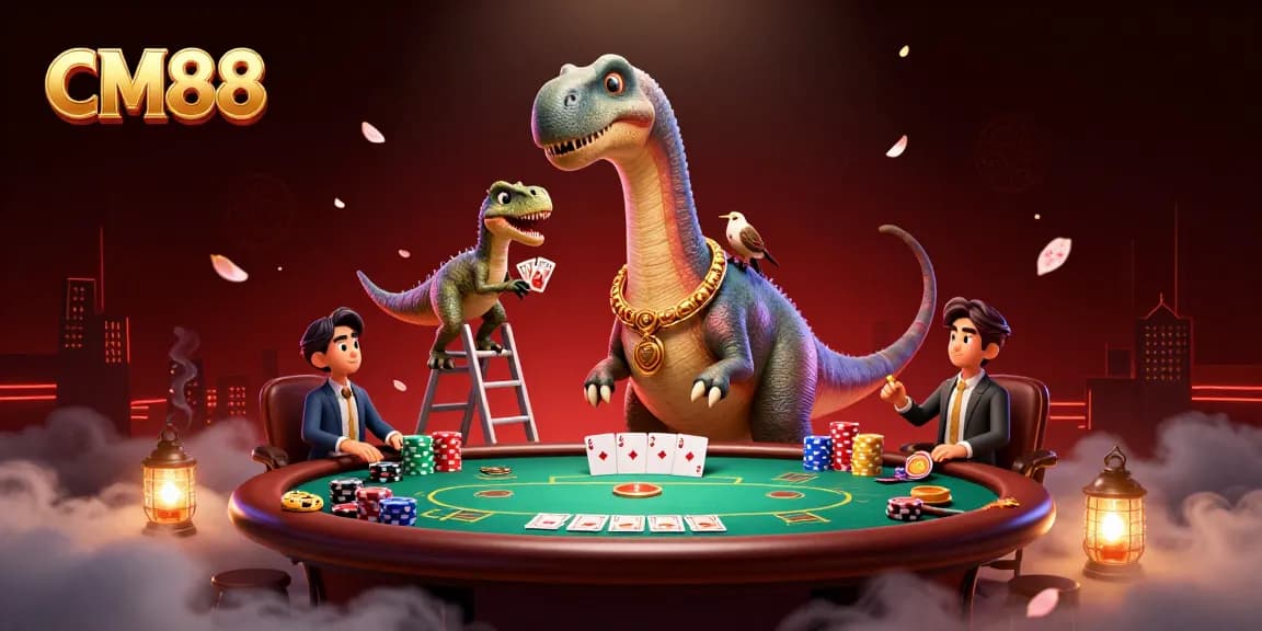 Play casino games with CM88 as a giant brontosaurus oversees an exciting poker game.