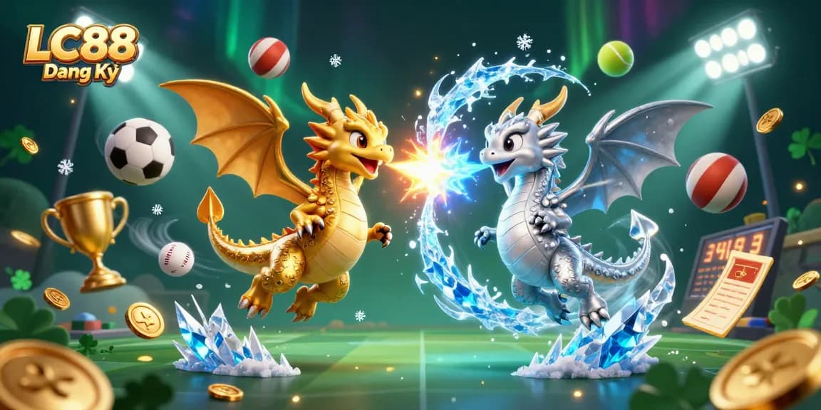 Experience dynamic gaming at LC88 Đăng Ký with fiery and icy dragons in an energetic casino setting.