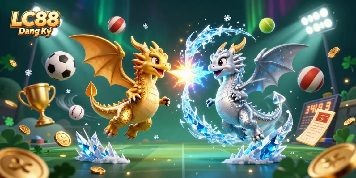 Experience dynamic gaming at LC88 Đăng Ký with fiery and icy dragons in an energetic casino setting.