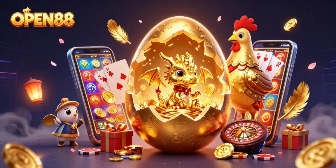 Engage in thrilling gaming at OPEN88, featuring a golden dragon and vibrant casino elements.