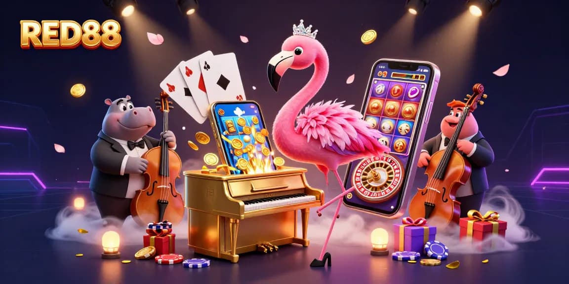 Experience the excitement of RED88 casino with vibrant 3D illustration full of games and performers.