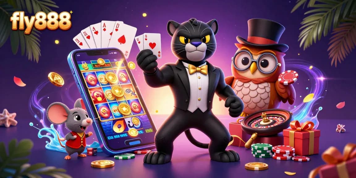 Experience the excitement of fly888 with a stylish black panther dealer, poker chips, and vibrant casino elements.